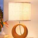 EDISHINE 13.4" Small Table Lamp, Wood Nightstand Lamp with Beige Linen Lampshade & ON-Off Switch, E26 Base, Boho Bedside Lamp for Living Room, Bedroom, Dark Pearwood