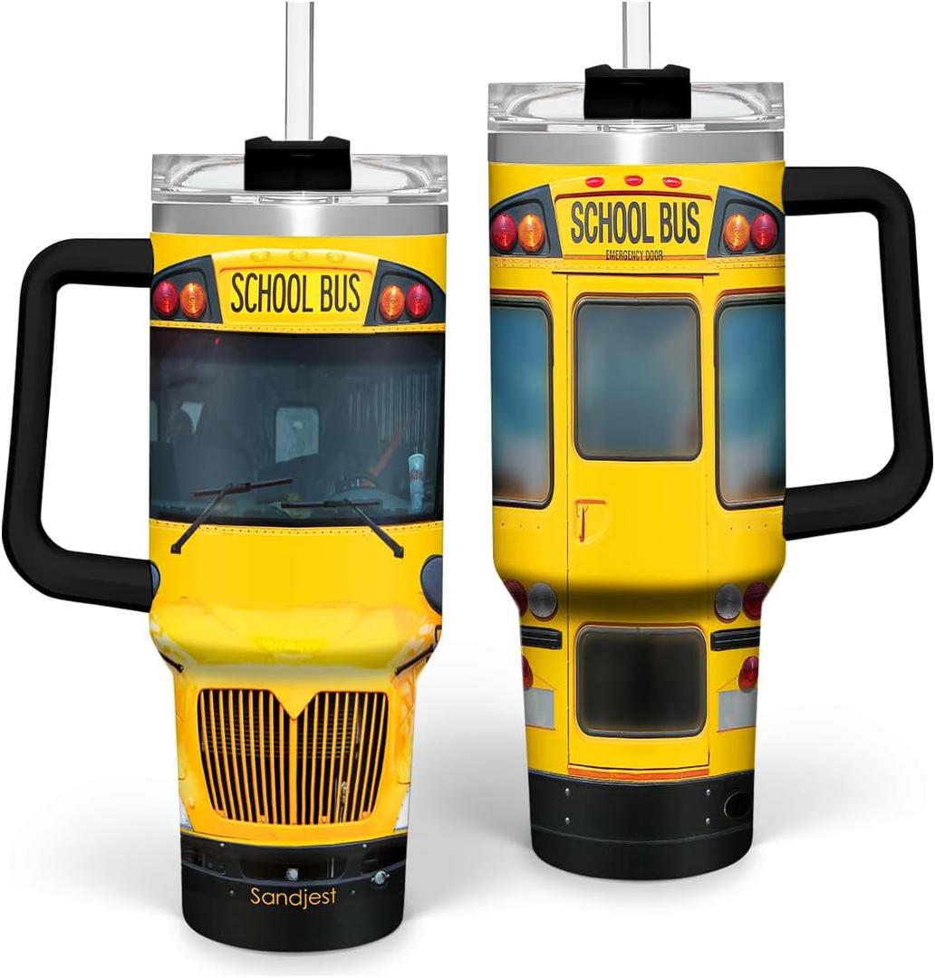 SANDJEST School Bus Driver Gift, 40oz Stainless Steel Insulated Coffee Tumbler With Lid & Straw, Travel Mug Appreciation Gift for Men Women Christmas Birthday Back To School