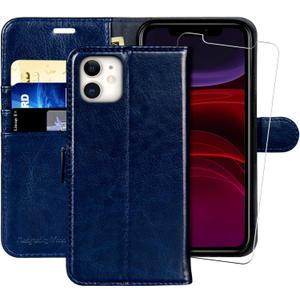 MONASAY Wallet Case Compatible for iPhone 11, 6.1-inch, [Glass Screen Protector Included] [RFID Blocking] Flip Folio Leather Cell Phone Cover with Credit Card Holder, Blue