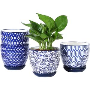 Selamica Ceramic Plant Pots, 5.6 Inch Flower Pots for Indoor Plants with Drainage Hole and Saucer, Home Decor, Set of 4, Vintage Blue