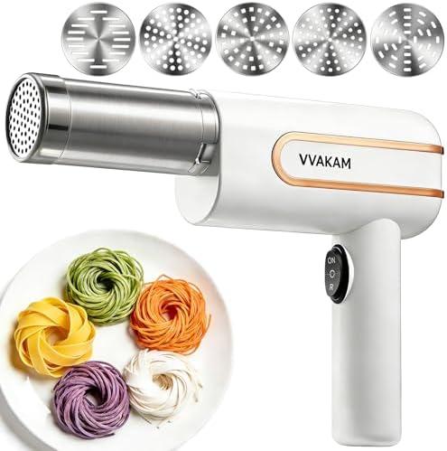 Electric Pasta Maker Machine, Potato Ricer 5-in-1 Automatic Noodle Maker Machine with Powerful Motor, Cordless Handheld Noodle Machine for Kitchen Home Restaurant (White)