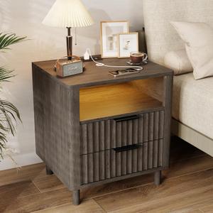 Night Stand with Charging Station, Fluted Bedside Table with 2 Drawers Storage, Wood Modern Nightstand with Open Shelf, Curved Profile Design, End Table for Bedroom Office, Dark Grey