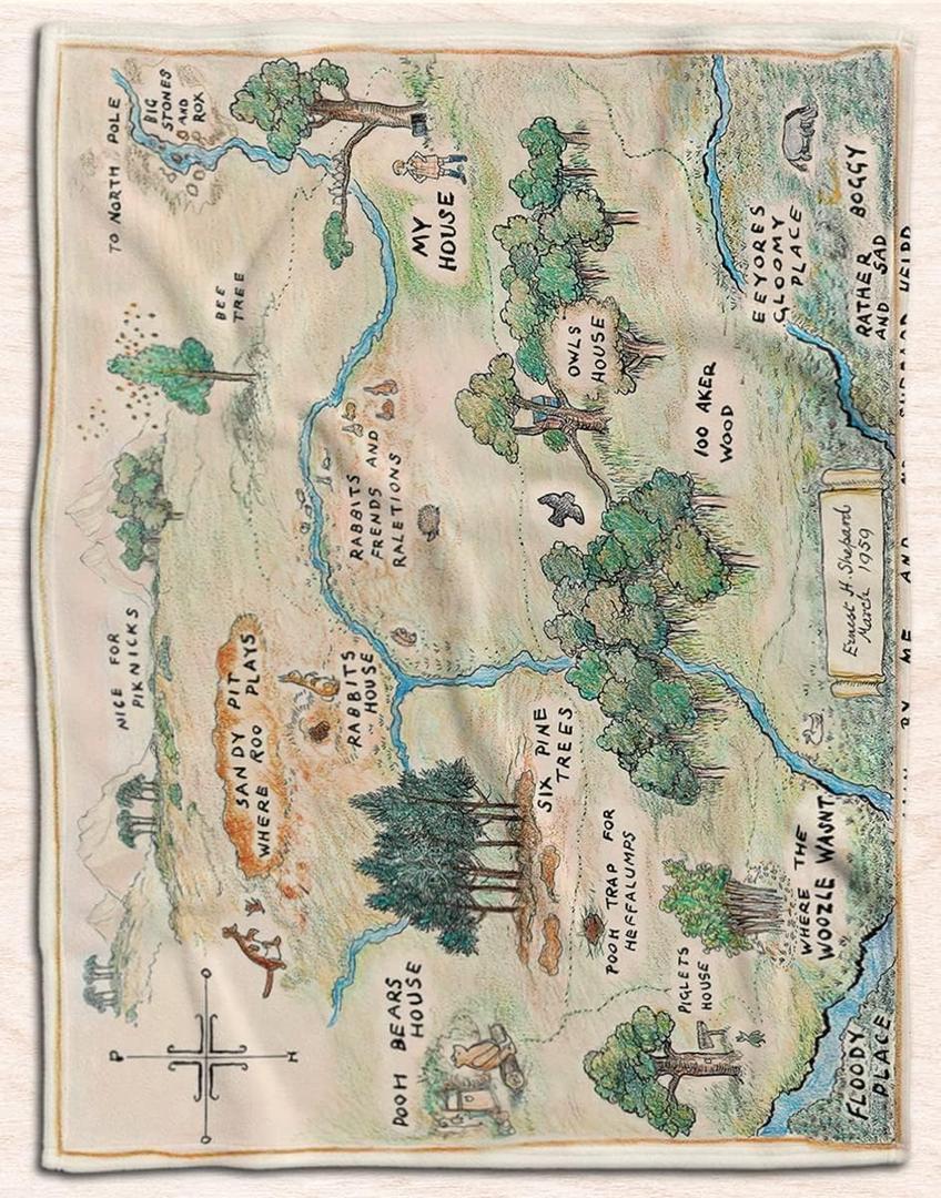 100 Acre Wood Map Jungle Blanket, Blankets Custom Bear Blanket, Cartoon Cute Flannel Fleece Throw Anime for Kids Teens Adults Warm Super Soft Cozy (Small (50x40 Inches))