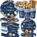 400 Pcs Happy Retirement Party Supplies Blue Gold Retirement Disposable Paper Plates Napkins and Cups for Men Women Say Goodbye Decorations