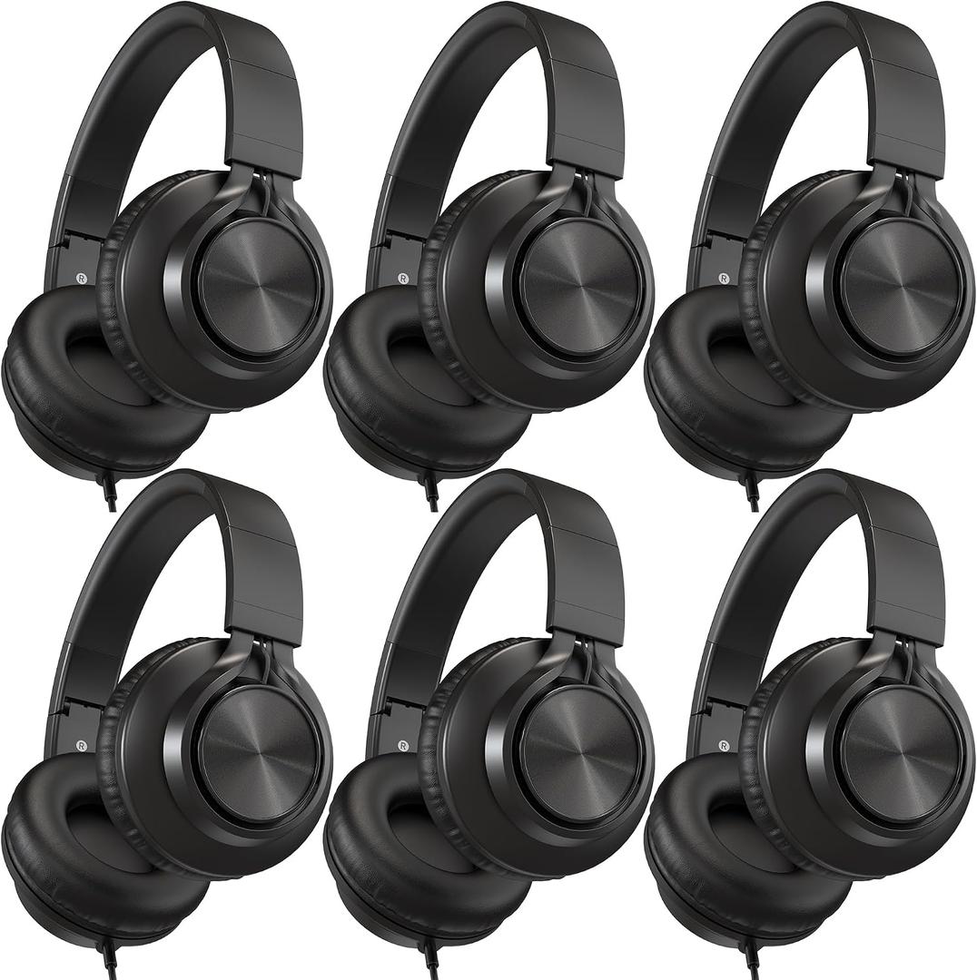 AILIHEN Kids Headphones Wired for School Bulk, 6 Pack Headsets with Microphone for K-12th Grade Classroom, Students, Teens, 3.5mm Jack for Chromebook, Computer, Laptop (Black)
