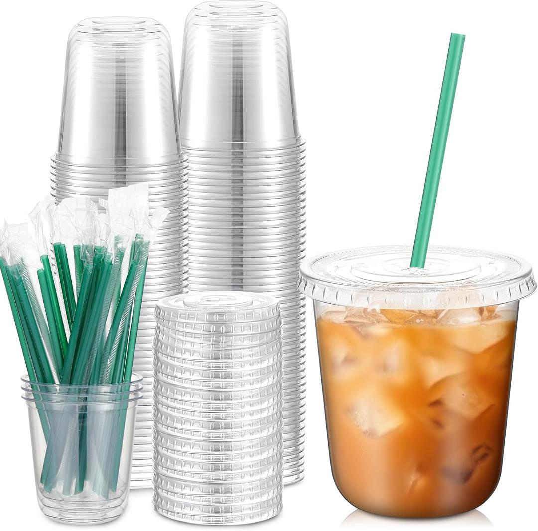 Baderke 25 Set Plastic Cups with Lids and Straws, Disposable Plastic Iced Coffee Cup for Cold Beverage Juice Smoothie Crystal for Coffee Shops Party Catering(Clear,12 oz)