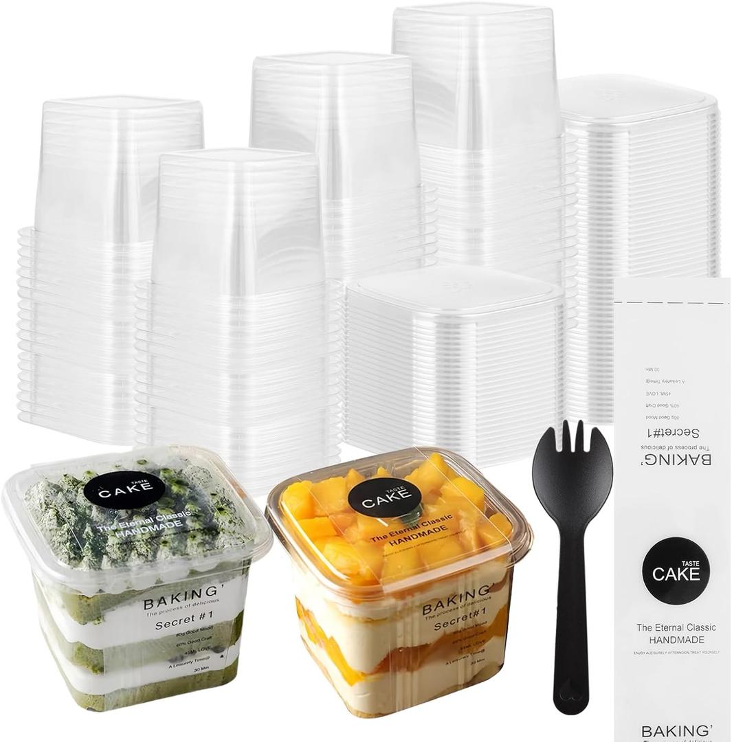 JMIATRY 100 Count 12 oz Square Plastic Dessert Cups with Lids and Spoons Clear Disposable Dessert Cup Tiramisu Container 12oz Plastic Parfait Cups for Cupcake Mousse Yogurt Pudding Fruit