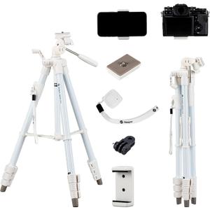 Fotopro 60" White Camera Tripod for iPhone with Remote Lightweight Aluminum Phone Tripod with 3-Way Pan Head, Adjustable Phone Mount & Carry Bag Portable Travel Tripod for Canon, GoPro, Vlogging