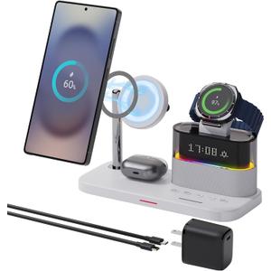 Magnetic Charger for Samsung, 5 in 1 Wireless Charging Station with Alarm Clock for Samsung Galaxy S25 Ultra/S24/S23/S22,Galaxy Watch 7/6/4/5,Galaxy Buds/Pro, White