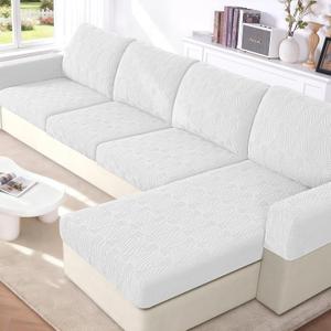 VANSOFY Couch Cushion Covers for Sectional Sofa, Stretch Jacquard Couch Seat Cushion Covers, Individual Washable Furniture Protector Sofa Slipcovers for Pet (3 Seater+1 Chaise Cover, Porcelain White)