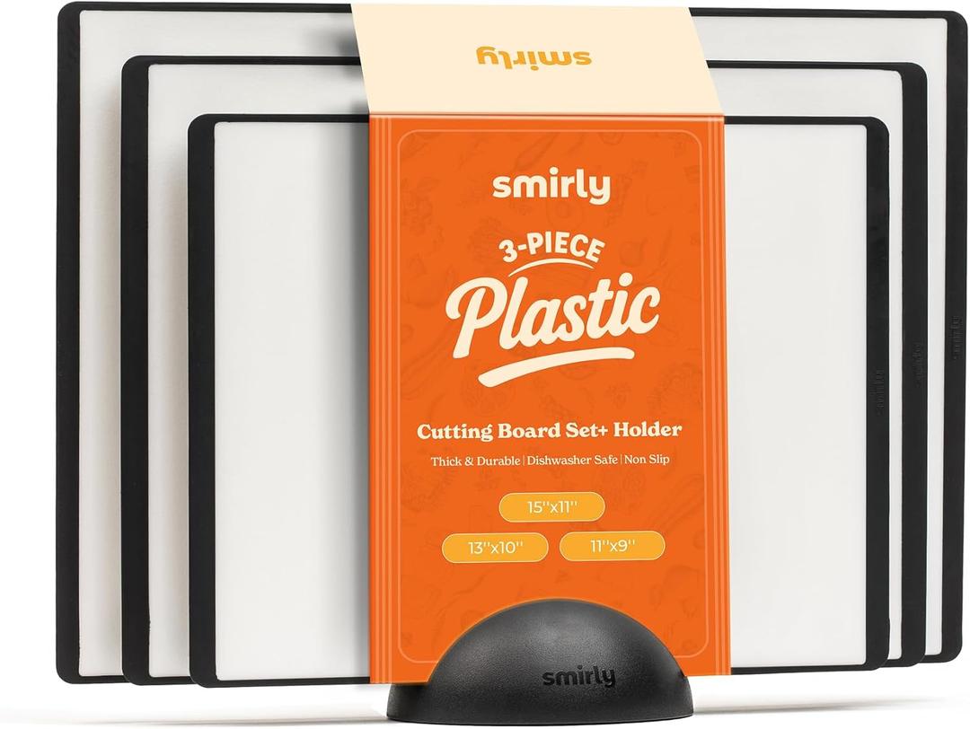 SMIRLY Plastic Cutting Board Set with Holder 3 Pieces, Non-Slip Dishwasher Safe Chopping Boards for Kitchen, Black & White