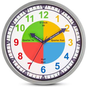 Bernhard Products Colorful Kids Wall Clock Teaching Time Telling Silent Non-Ticking Educational Learning Tool, Colored Numbers for Children Teachers Homeschool and Parents, School Classroom Playroom