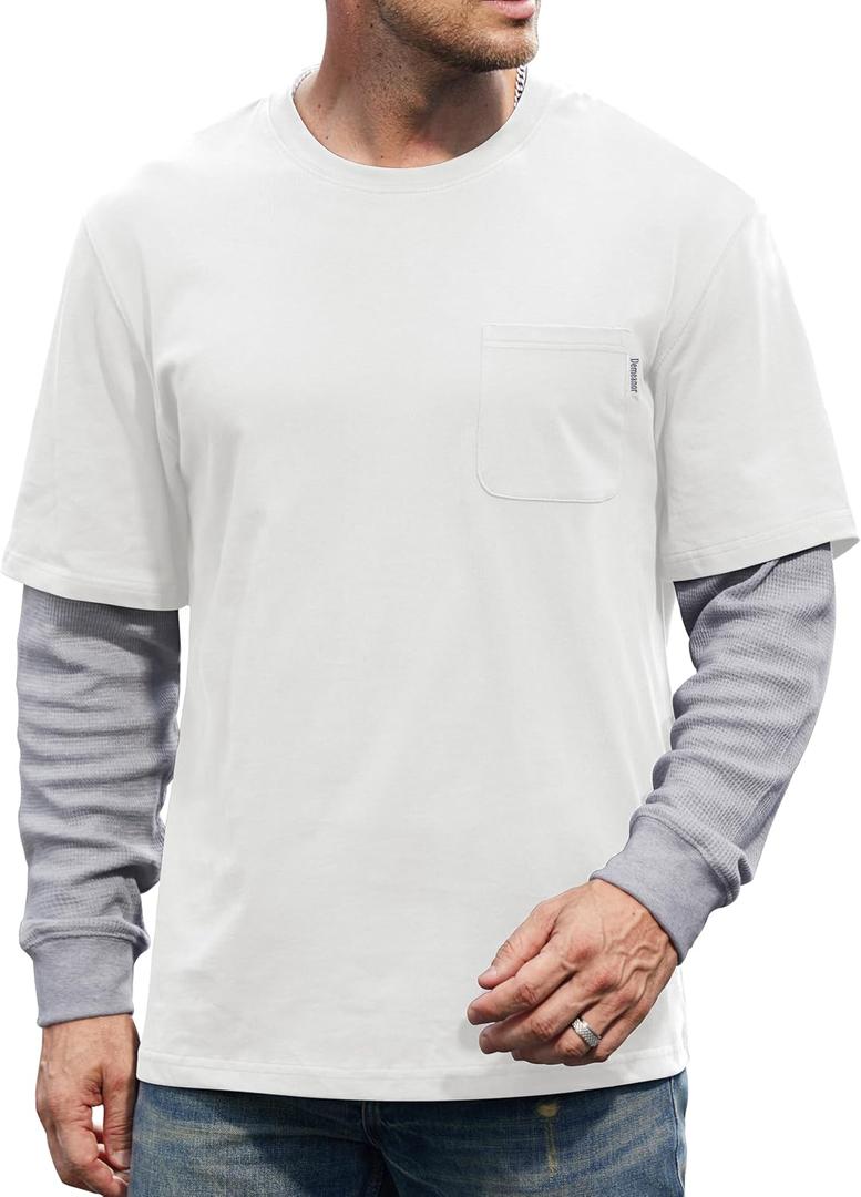 Mens Layered Shirt Waffle Longsleeve Cotton Faux 2-Piece Casual Pullover with Pocket  (Medium, White)