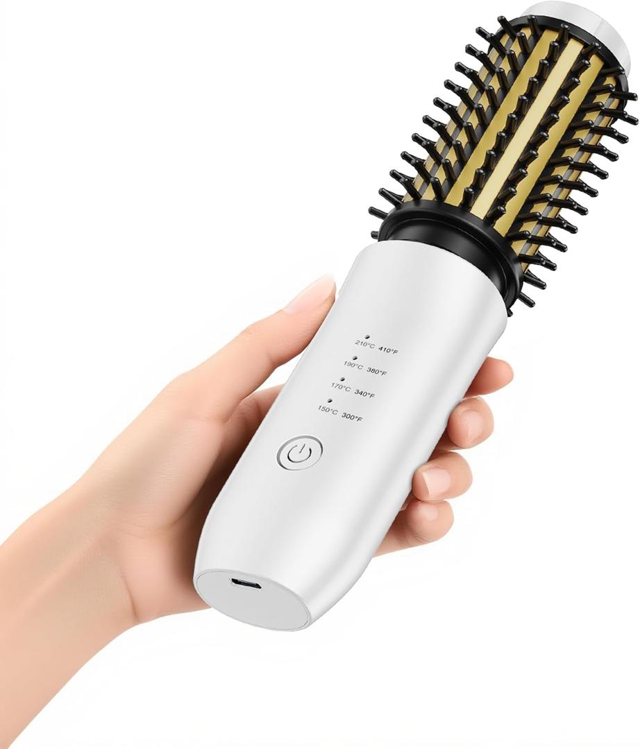 CARESKY Cordless Curling Iron Brush, 1.5 Inch Mini Travel Hair Curler with 200 Million Negative Ions, Portable Heated Round Straightener Brush Rechargeable for Curl, Touch-Up (Pearl White)