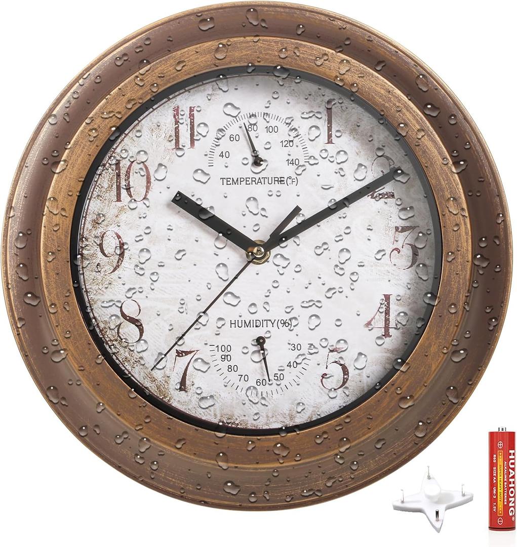 12 Inch Indoor/Outdoor Waterproof Wall Clock with Thermometer & Humidity, Silent Non-ticking Quartz Clock for Courtyard Kitichen Living Room Bathroom Balcony Greenhouse Garden Pool Patio (brown)