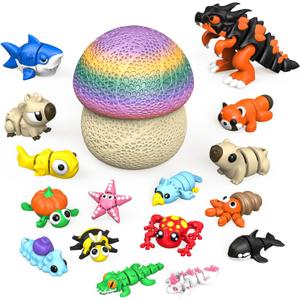 17PCS 3D Printed Animal Figurines Set with Mushroom Container - 16 Unique Articulated Animals, Fidget Toys for Stress Relief, Party Favors, Desk Decor & Gifts for Kids & Adults (