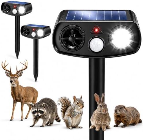 Solar Ultrasonic Deer & Rabbit Repeller, Motion Activated, 2 Pack | LED Strobe Light, Flower Bed Protection, Waterproof Design, Gardens & Landscaping