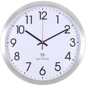 Atomic Analog Wall Clock, 14Inch Radio Controlled Sets Automatically Wall Clock, Aluminum Frame WallClock for Home, School, or Office (White)