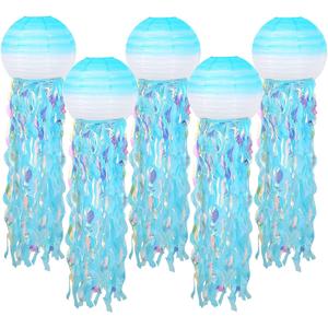 Hanging Jelly Fish Paper Lanterns, Gradient Colorful Blue Paper Lanterns for Mermaid Theme Party Under The Sea Ocean Birthday Decorations Baby Shower Baby Room, Set of 5