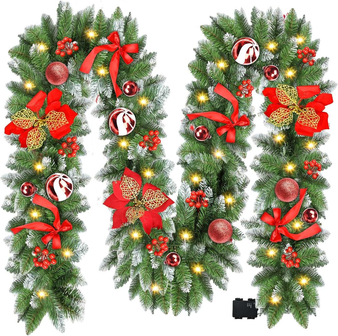 Christmas Garland with Lights, 9ft Battery Operated LED Garland with Timer, 30 Warm White LEDs, Waterproof Christmas Decorations for Indoor Outdoor Mantel, Stairs, Doorway, Window, Porch, Home