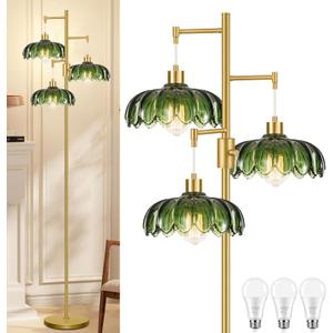 Vintage Floor Lamps for Living Room Bedroom-3 Light Dimmable Gold Floor Lamp with Glass Lampshape, Flower Tall Lamp Modern Mid Century Standing Lamp Green Tree Floor Lamp for Bedroom Corner (7.8inch)