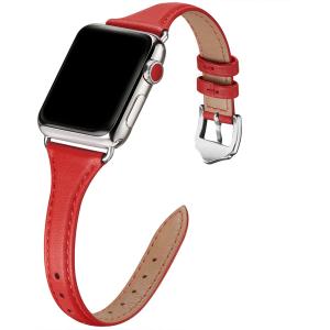 WFEAGL Compatible with Leather Apple Watch Band 41mm 40mm 38mm 42mm(series 11 10) Women, Top Grain Leather Strap Slim & Thin Replacement Wristband for iWatch Bands SE 3 2 1, Series 11 10 9 8 7 6 5 4 3 2 1 (Red/Silver)