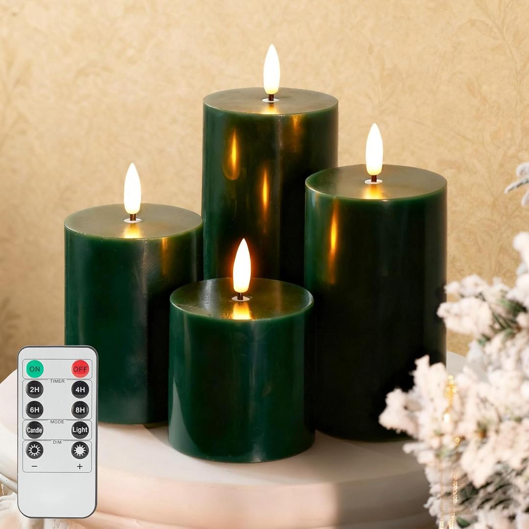 Green Flameless Pillar Candles with Remote Set of 4, Battery Operated Real Wax LED Candles, Perfect for Christmas Window, Dinner & Holiday Xmas Decor