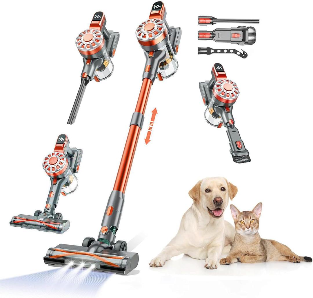 WLOTPO Cordless Vacuum Cleaner for Home,Lightweight Stick Vacuum Cordless Rechargeable with Power Suction, Up to 35 Mins Runtime, Hardwood Floor Vacuum for Pet Hair,Carpets,Tile(Red Grey)