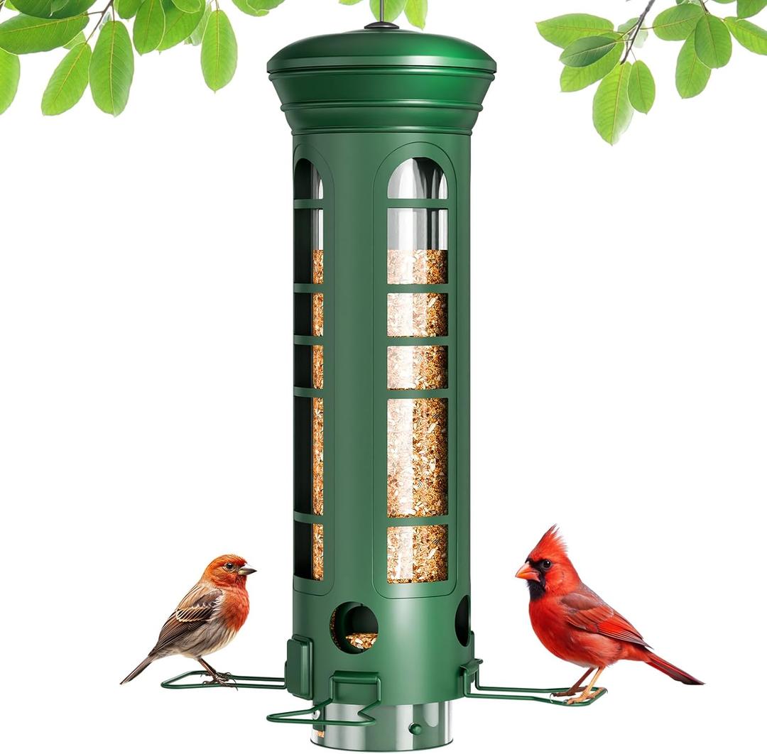 Squirrel Proof Bird Feeder for Outdoors Hanging, Removable Base, Easy to Clean, Weatherproof & Rustproof, Metal Tube Bird Feeder for Cardinals Finches Blue Jays, Gift for Mom, Dad (Green)
