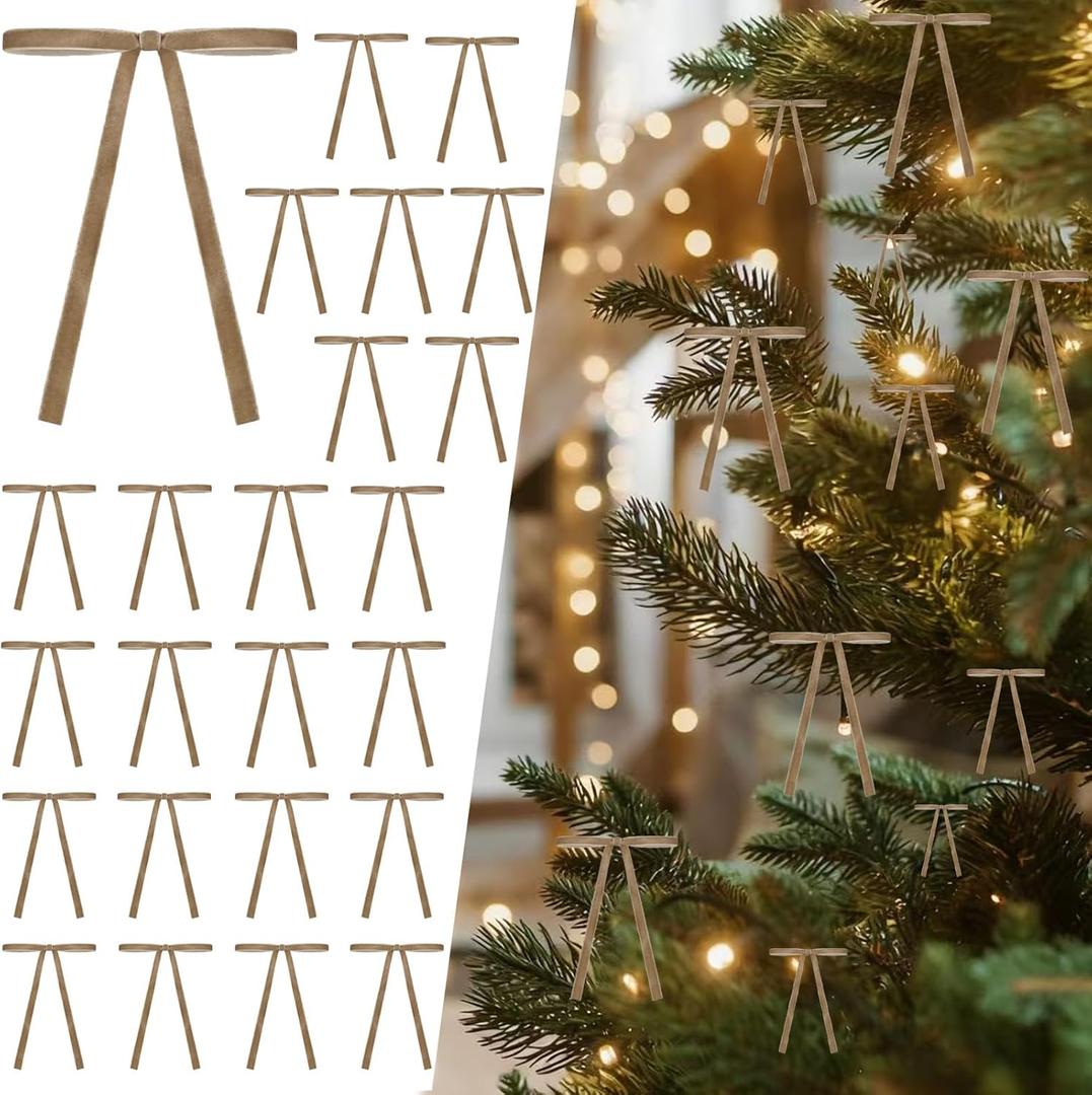 2 x 24 Pcs Velvet Bows Christmas Tree Ornaments Vintage Ribbon for Tree Garland Wreath Indoor Xmas Decorations (Khaki)