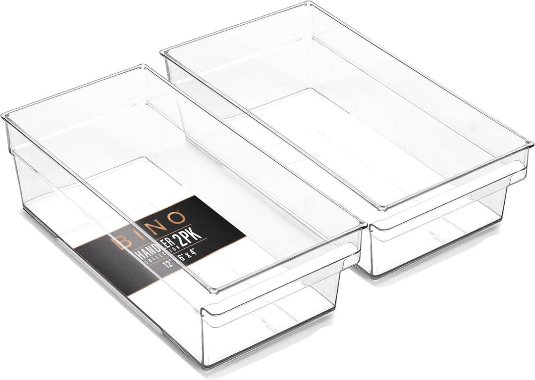 BINO | Plastic Storage Bins, Medium - Shallow | THE HANDLER COLLECTION | Multipurpose Organizer Bins | Kitchen Pantry Organizers and Storage | Clear Containers for Organizing Home | Freezer Organizer (2PK SHALLOW - MEDIUM - 12 x 6 x 4)