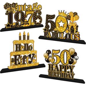 4 Pieces 50th Birthday Table Decorations, Wooden Vintage 1976 Happy 50th Birthday Centerpieces for Tables Sign, Black Gold 50 & Fabulous Decorations Party Supplies for Men Women