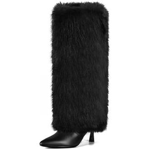 Womens 3.3-inch Kitten Heel Knee High Fur Boots Furry Fuzzy Fluffy Pointed Toe Boots for Women Tall Wide Calf Fall Winter Snow Fold Over Boot with Side Zipper (9, Black)