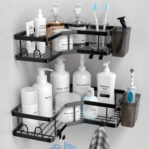 Corner Shower Caddy, 2 Pack Adhesive Shower Corner Organizer Shelves, No Drilling Stainless Steel Shower Storage Rack with Hooks&Toothpaste Holder for Bathroom, Dorm and Kitchen (9.6"9.6"2.6", Black)