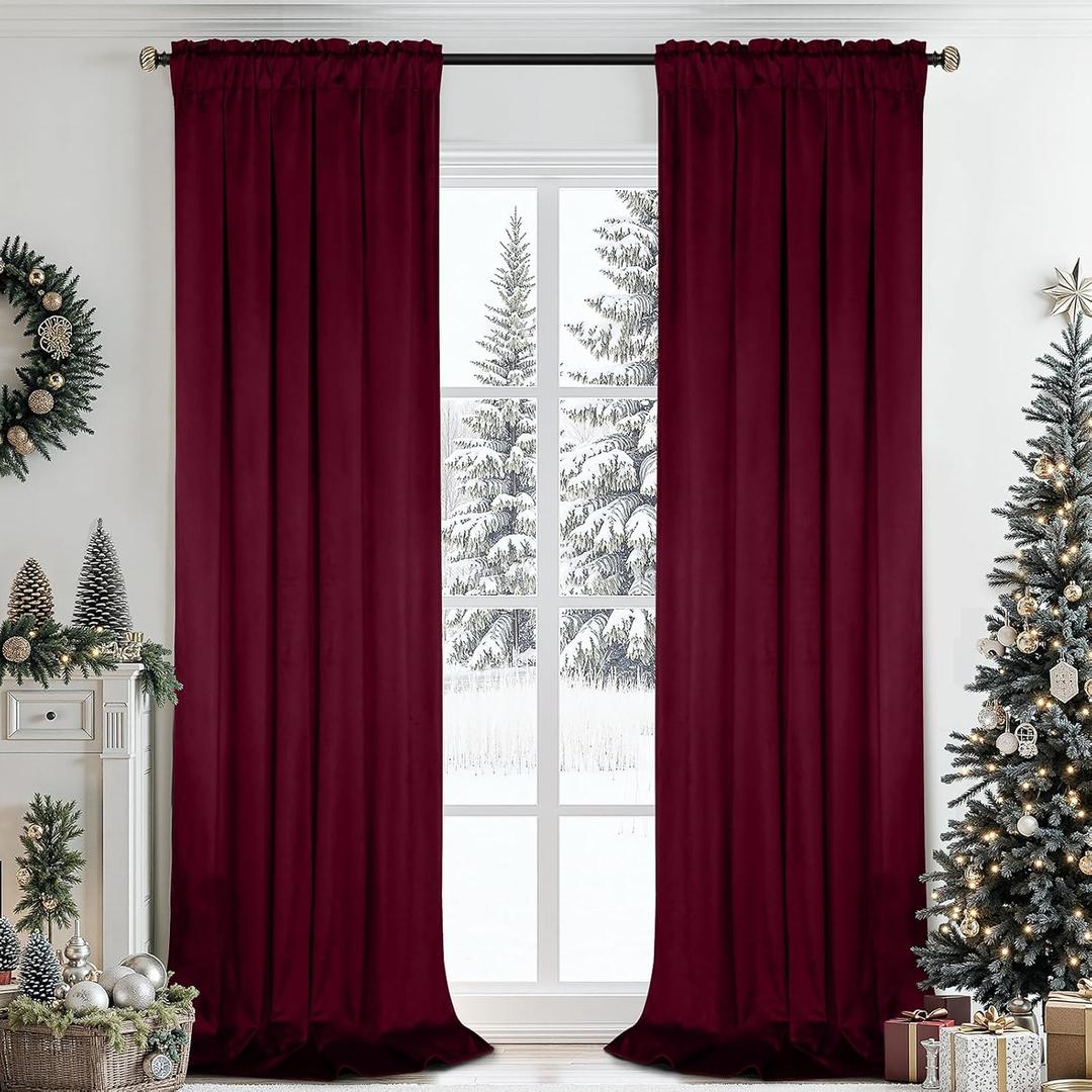 SimpleHome Red Velvet Curtains 96 Inches for Living Room,Rod Pocket Luxury Blackout Velvet Curtains Thermal Insulated 2 Panels Room Darkening Drapes,W40 x L96