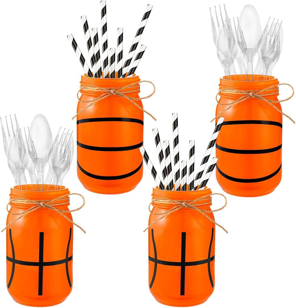 Blushtier 4 Pcs Basketball Mason Jar Centerpiece for Table Basketball Themed Decoration Painted Mason Jar Table Toppers Decor 17 oz for Sports Enthusiasts Birthday Gifts Party Favors Supplies