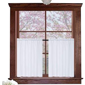 Valea Home Waffle Weave Textured Bathroom Window Curtains Water Repellent Short Curtains Window Covering Half Window Curtains Kitchen Tiers 36 inch Length, White, Set of 2