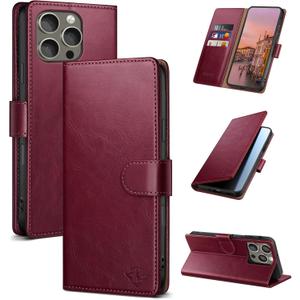 Wallet Case for iPhone 16 Pro 6.3" with RFID-Blocking Credit Card Holder, PU Leather Folio Flip Cover Women Men Protective Phone Case Compatible with Apple 16 Pro, Wine Red