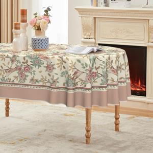 Horaldaily Floral Bordered French Tablecloth 6084 Inch Oval, Pink Birds Elegant Vintage Washable Seasonal Table Cover for Party Picnic Dinner Decor