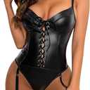 Lilosy Sexy Lace Up Leather Pu Wireless Garter Women Teddy Bodysuit Corset Bustier Top Outfit Nightout One Piece, 3XL, Black