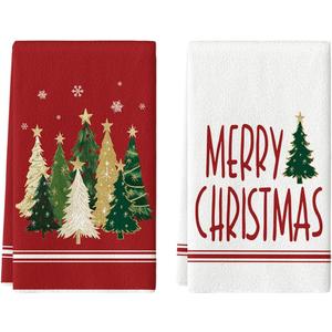 Artoid Mode Red Xmas Tree Merry Christmas Kitchen Towels Dish Towels, 18x26 Inch Farmhouse Star Snowflakes Decoration Cleaning Set of 2