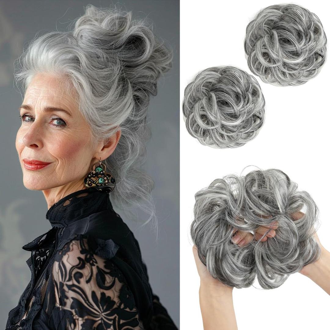 SARLA 2PCS Messy Hair Bun Hair Pieces Wavy Curly Synthetic Updo Fake Scrunchies Pony Tail for Women Dark Grey
