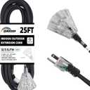 25 Ft Black 3 Outlet Outdoor Extension Cord with Lighted End 12 Gauge