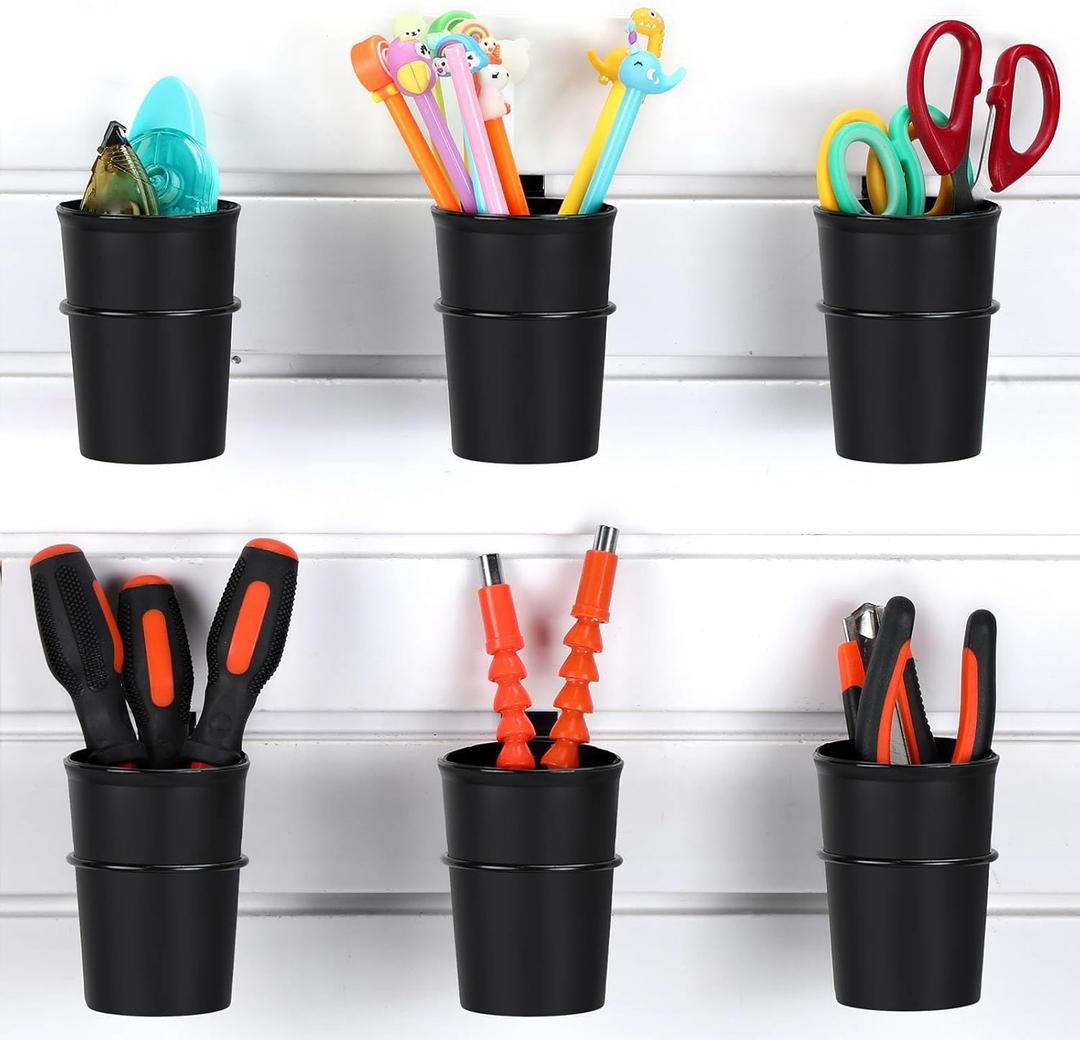 FoldTier 6 Sets Slatwall Cups with Loops Set, Slatwall Accessories Slatwall Hook Tools Storage Arrange System Kit for Organizing Accessories Tools Storage Office Workshop Garage Workbench (Black)