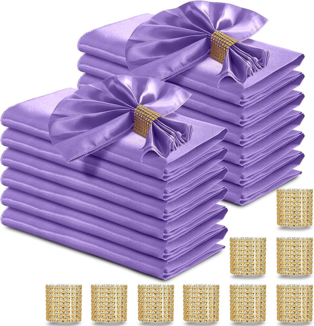 RUDONG M 100 Pcs Light Purple Satin Napkins and Napkin Rings Set, 17 x 17 Inch Square Cloth Napkins Set of 50, Silky Soft Table Napkins Bulk for Weddings, Banquet, Parties Dinner Decoration