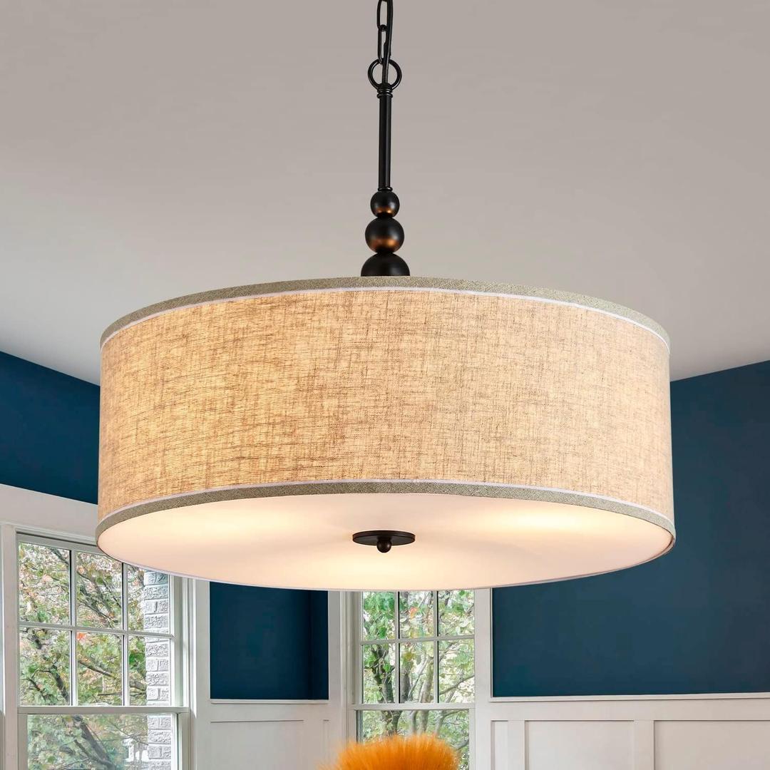 Shrine Lighting Drum Chandeliers, Farmhouse Style, Perfect Drum Pendant Light for Dining Room, D21'' x H8'', Adjustable Chains 59'', E26*3 Sockets, Beige Linen Fabric Lampshade & Black Rod