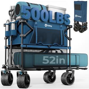 Sekey 500LBS Heavy Duty Double Decker Wagon with Extender, 400L Large Capacity Collapsible Garden Cart Fits 10x10 Canopy, All-Terrain Big Wheels with Brakes, Foldable Utility Wagon for Sports, Camping (Amber Blue)