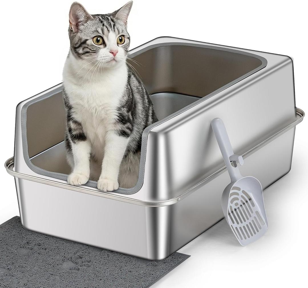 Stainless Steel Litter Box with Metal Lid and Scoop - Enclosed Metal Litter Box for Large Cats, Rust-Resistant, Odor-Control, Easy to Clean, Durable & Long-Lasting with Round Edge (XL)
