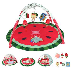 Tummy Time Mat, 9-in-1 Watermelon Baby Play Gym Mat, Oversize Baby Play Activity Mats with Sunshade & 6 Detachable Sensory Toys, Washable Non-Slip Mat for Newborn Infant Essentials Gift