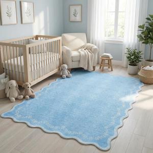 GarveeHome 4x6 Blue Scalloped Washable Area Rug for Nursery Room, Solid Floral Soft Bedroom Rug Non Slip Low Pile Small Carpet Stain Resistant Throw Rug for Dorm Kids Room Office Dining Room